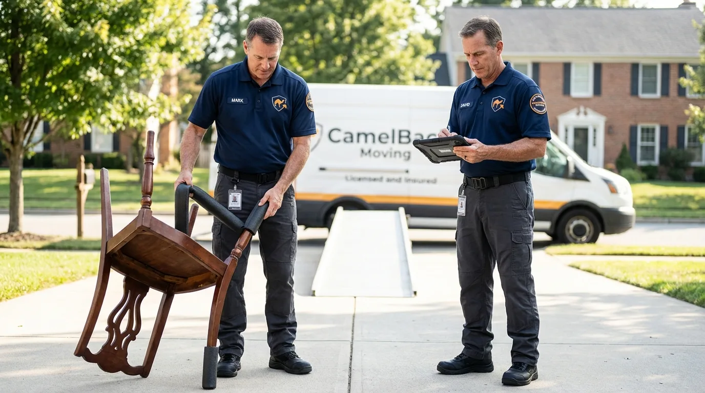 Movers inspecting furniture for damage prevention before loading in Columbus, NE