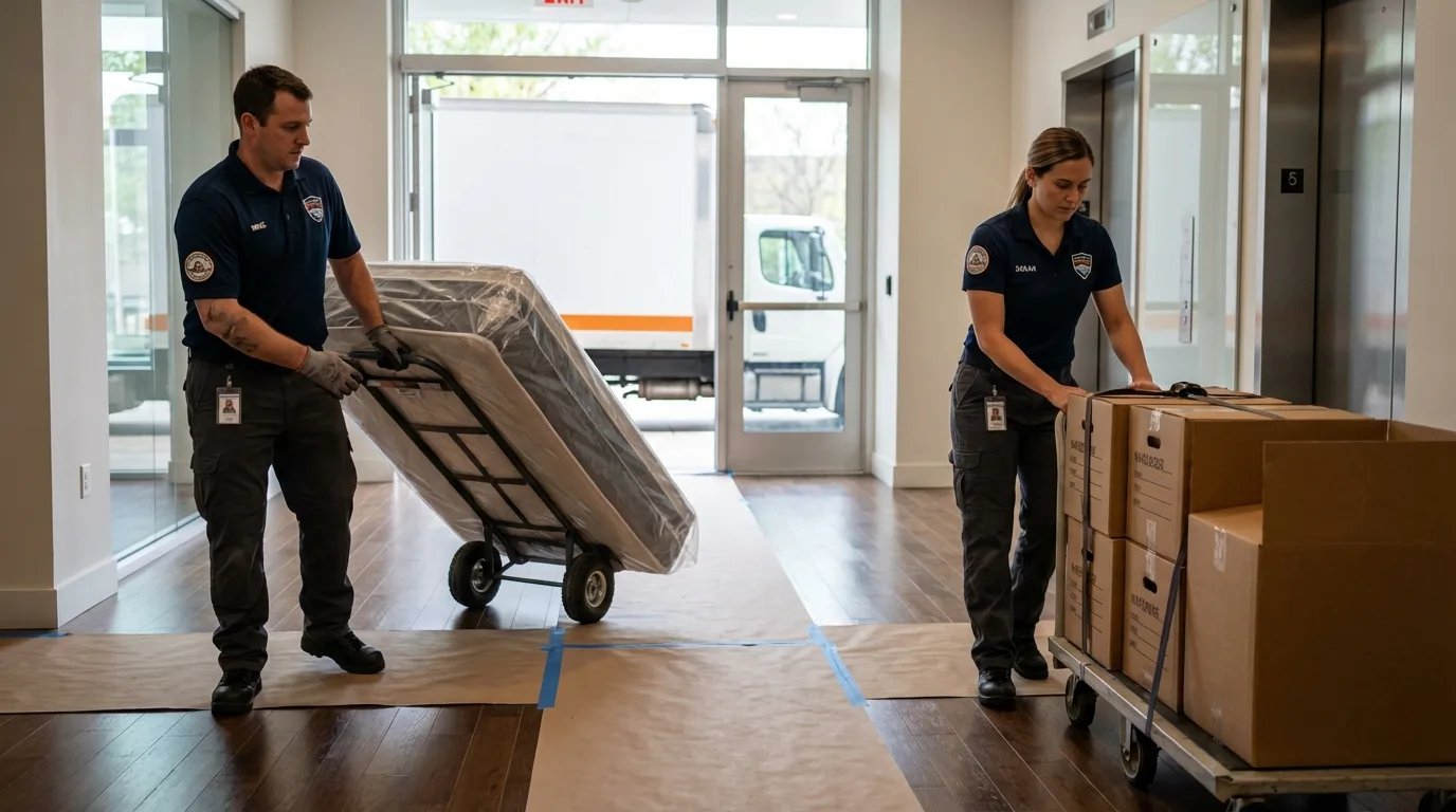 Professional apartment movers loading elevator in Columbus, NE